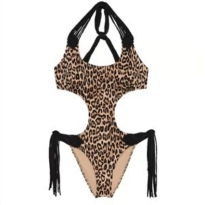XXL VS Archives Macrame Fringe Monokini One Piece Swimsuit Leopard